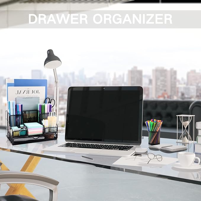 Desk Organizers Caddy and Accessories with 7 Compartments + Pen Holder / 72 Clips Set, Drawer, Black Mesh Office Supplies Desktop Organizer for Home, Office Ect - Image 6