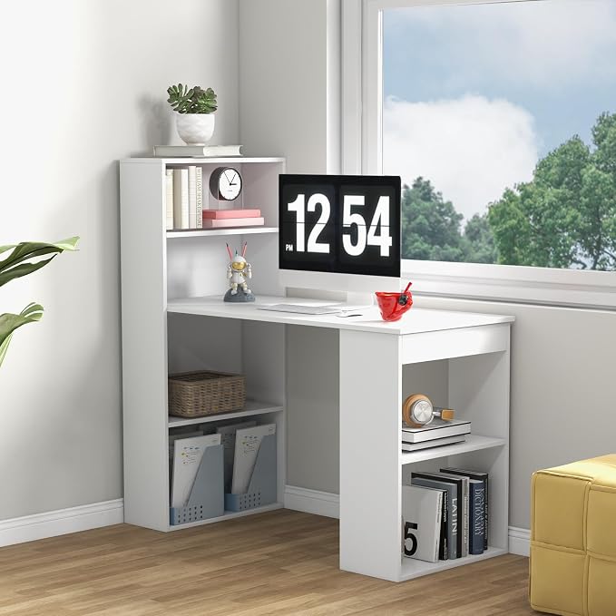GRAFFY Computer Desk with 6 Storage Shelves - 48" Reversible Writing Desk Workstation with Bookshelf and CPU Stand, Modern Compact Office Desk for Bedroom, Study, Home, Office (White) - Image 9