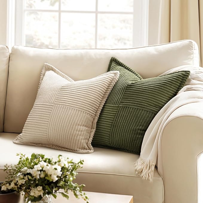 MIULEE Spring Decorative Throw Pillow Covers for Couch Bed Livingroom 20x20 Inch Set of 2 Olive Green Boho Accent Throw Pllows Broadside Striped Patchwork Soft Corduroy Summer Pillowcases - Image 2