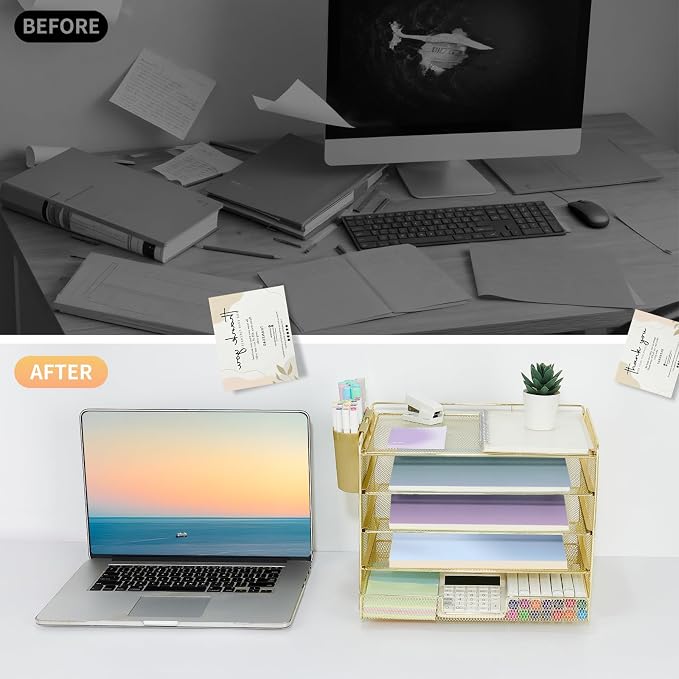 LEKETREE Desk Organizers and Accessories, 5-Tier Paper Letter Tray Organizer with Drawer & 2 Pen Holders, Desktop Organizer for Office Supplies (Gold) - Image 6