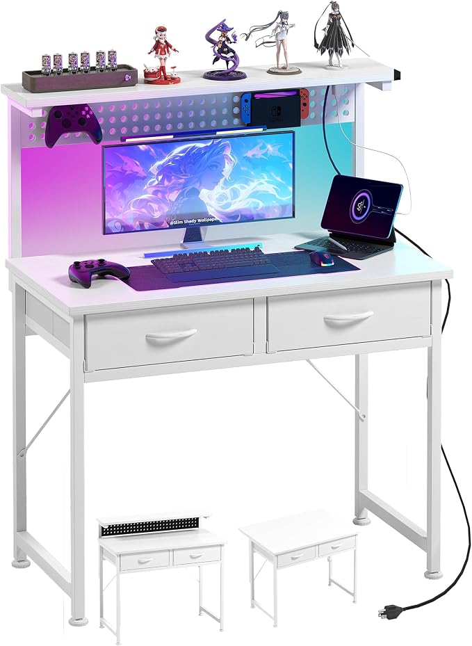 MUTUN Small Desk with Drawers, 31 Inch Computer Desk with Power Outlet & LED Light, Gaming Desk with Adjustable Monitor Stand & Pegboard, Modern PC Study Writing Table for Bedroom, White by MUTUN