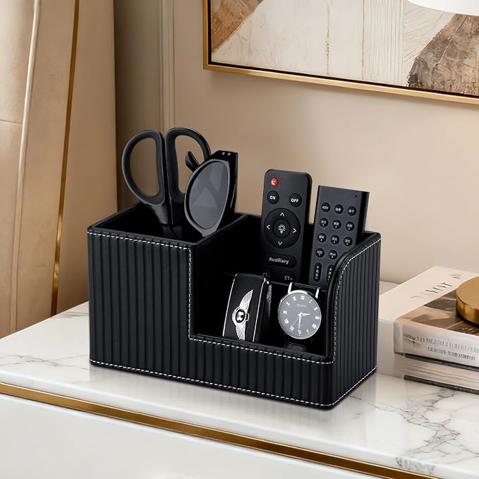 KINGFOM Desk Pen Organizer Office Supplies Caddy Pu Leather Multi-function Storage Box Pen/Pencil,Cell phone, Business Name Cards Remote Control Holder (Black) - Image 7