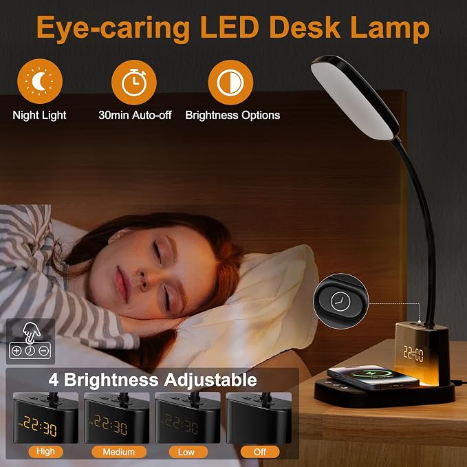 10W Wireless Charging LED Desk Lamp with Clock, Light Black | CRI 95, 800LM, Stepless Dimming, 3 Modes, 360°Flexible Arm, Touch, Study Table Lamp for Home Office, Dorm Room, with Adapter - Image 4