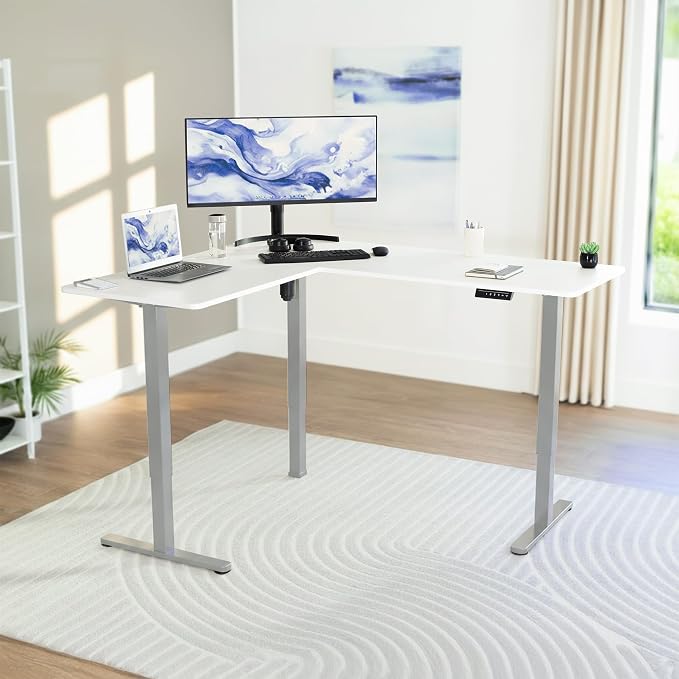VIVO White 63 x 55 in Corner Standing Desk, DESK-E3CTGW | Electric, Reversible L-Shaped Table, Sit Stand, Height Adjustable, Memory Controller, Office Furniture Sets, Gray Frame - Image 2