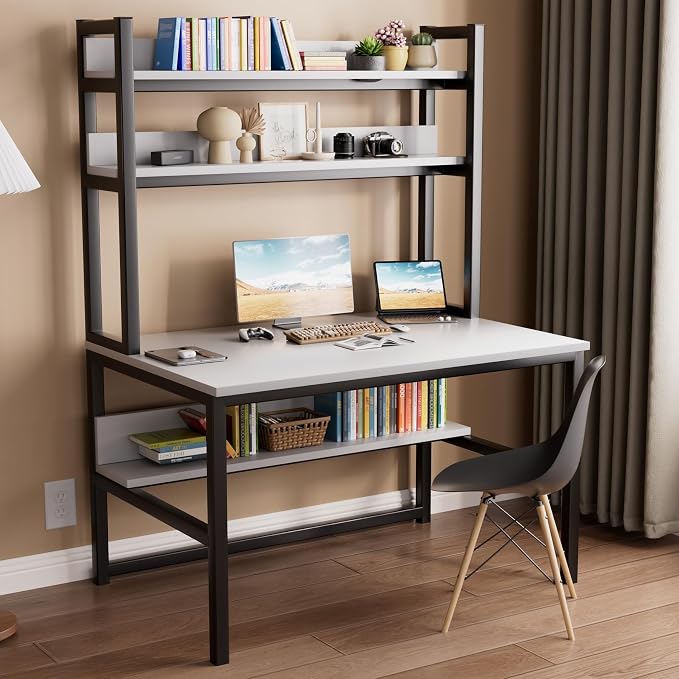 Aquzee Computer Desk with Shelves, 47" W x 23.6" D Gaming Desk with Hutch and Bookshelf, White Study Table for Bedroom Space Saving with 3 Tier Storage Shelf, Home Office Desk for Writing Work - Image 4