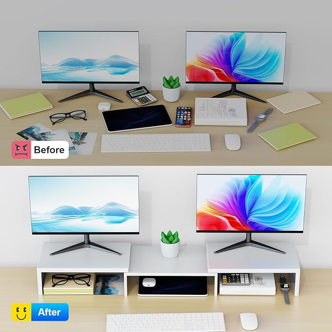 Dual Monitor Stand for Desk, Metal Computer Stand, Desk Shelf Riser,Desktop Organizer for Home and Office Use (White) - Image 2