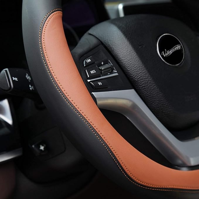 Valleycomfy Microfiber Leather Steering Wheel Covers Universal 15 inch (Brown - Image 4