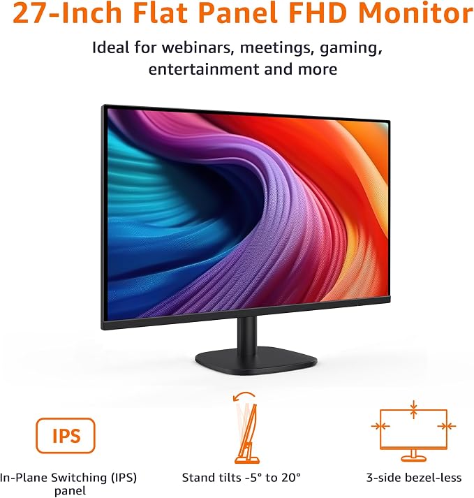 Amazon Basics 27 Inch Monitor, FHD 1080P, 100Hz, IPS, Built-in Speakers, VESA Compatible, USB Ports, Black - Image 2