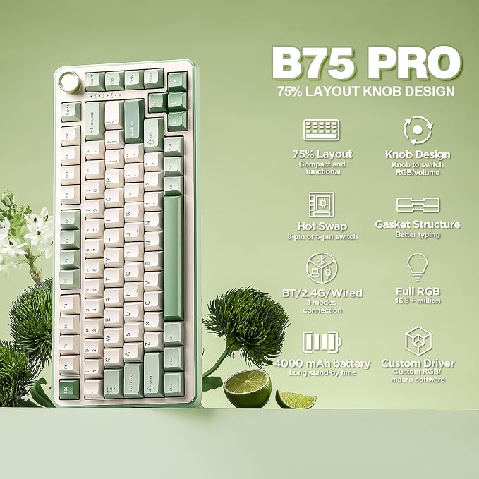 YUNZII B75 PRO 75% Wireless Mechanical Keyboard(Matcha Green,MilkV2) | Hot Swap Keyboard with Knob, Gasket Mount, Creamy Pre-lubed Switch for Smooth Typing, BT/USB-C/2.4G, for Gaming - Image 2