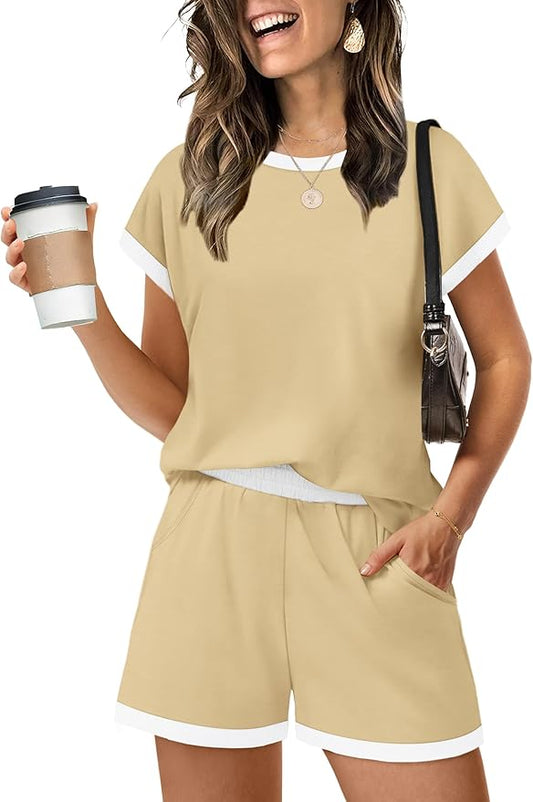 WIHOLL Two Piece Sets for Women Summer Lounge Short Sets Cap Sleeve Crew Neck Sweatsuit with Pocket XS-2XL by WIHOLL