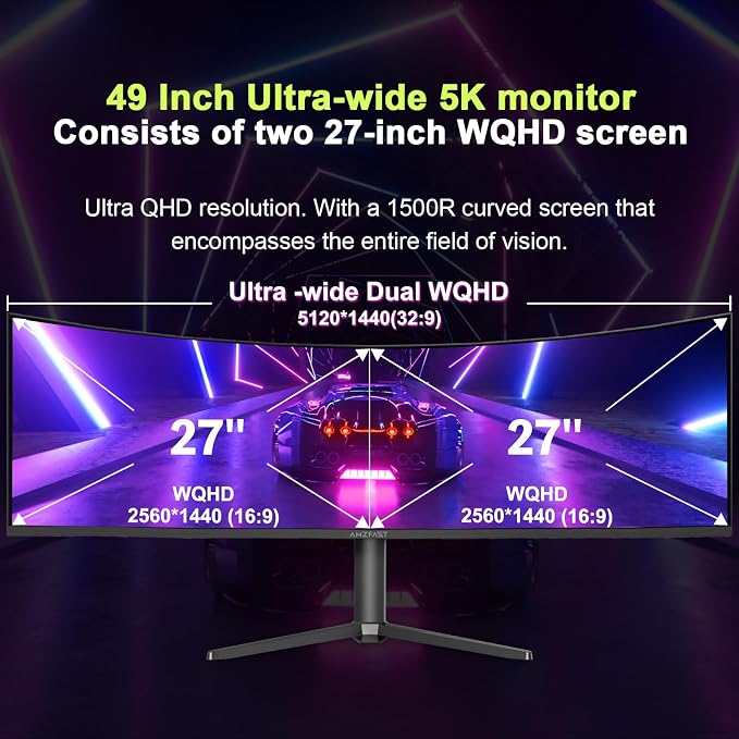 Amzfast 49 Inch Curved Monitor 120Hz DQHD (5120x1440) Ultrawide Gaming Monitor, 120% sRGB, 1500R, 1ms MPRT, HDR, Adaptive Sync, PIP/PBP, Height Adjustable, HDMI 2.0/DP 1.4, VESA 75x75, AMZG49C7U - Image 2