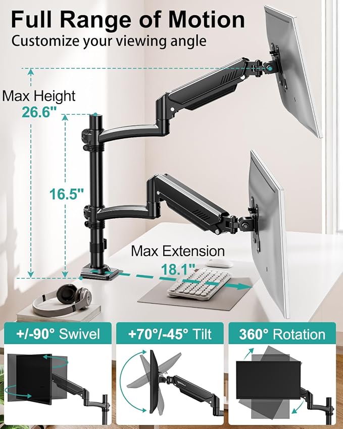 Dual Monitor Stand for 2 Screens up to 32 inch, Vertical Stacked Dual Monitor Mount, Full Motion Adjustable Tall Double Monitor Desk Mount, Each Arm Holds 4.4-22lbs, VESA 75/100mm, Black, Freelift - Image 2