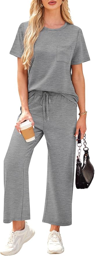 WIHOLL 2 Piece Sets for Women Casual Summer Travel Vacation Outfits Short Sleeve Wide Leg Crop Pants Lounge Sets - Image 3