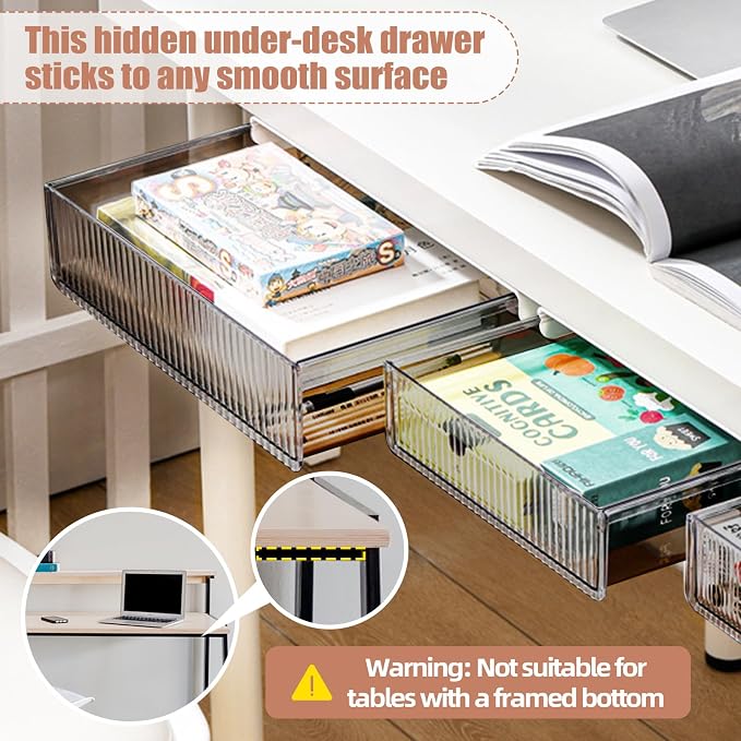 2Pcs Under Desk Storage Drawers Slide Out,Large&Medium, Stick On Desk Drawer Organizer Hidden Under Table Drawer for Home Office School Organization and Storage-Transparent Black - Image 3