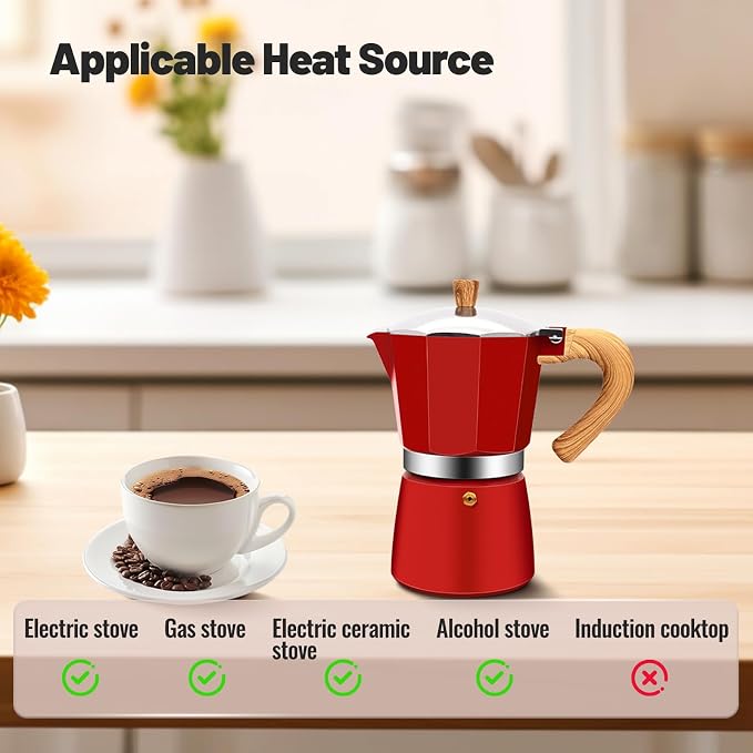 3 Cup Aluminum Moka Pot Classic Stovetop Espresso Coffee Maker 150ml 5oz Coffeemaker Percolator Mocha Pot Greca Coffee Maker Cafe Makers for Italian and Cuban Café Brewing Red - Image 4