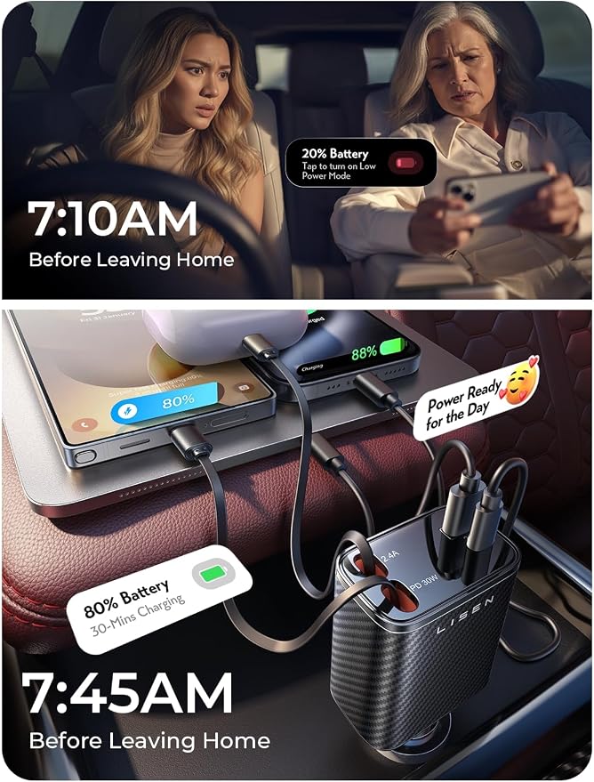 LISEN Retractable Car Charger, 84W Car Charger USB C Fast Charger Adapter, Car Accessories for Men Women, Gifts for Fathers Day for Men Dad Husband, for iPhone 17 16 15 14 13 12 Pro Max, Carbon-Black | Car Accessories, Compatible with iPhone 17 16 15 1... - Image 5