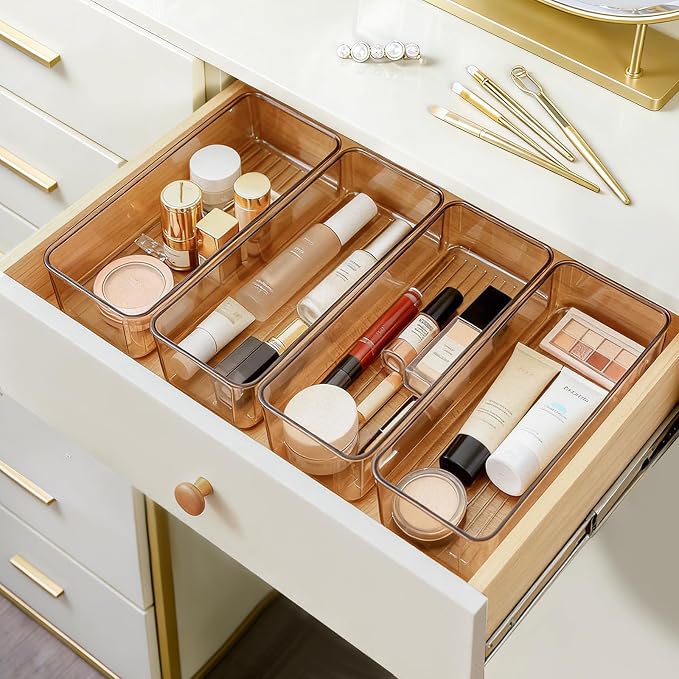 Hudgan 8 Pack Clear Plastic Drawer Organizers Set, Stackable Deep Drawer Organizer for Makeup Vanity and Desk, 2 Sizes Tall Bathroom Drawer Organizer - Image 3