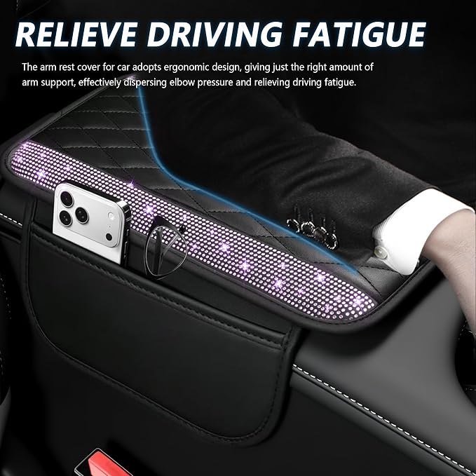 Stacool Upgraded Car Center Console Cover with Rhinestones,Microfiber Leather Car Armrest Cover Cushion with 2 Storage Bags,Universal Cars Armrest Storage Box as Cars Interior Accessories - Image 4