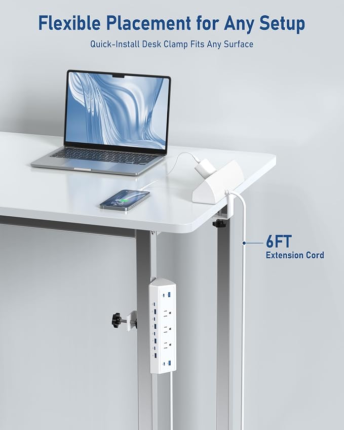 Jgstkcity 130W Desk Clamp Power Strip, 12 USB Ports (6 PD 65W USB-C),Surge Protector,ETL Listed Power Hub Extension Cord,Fast Charging Station for Home Office Desk Edge Mount (White, 12 USB-130W) - Image 6
