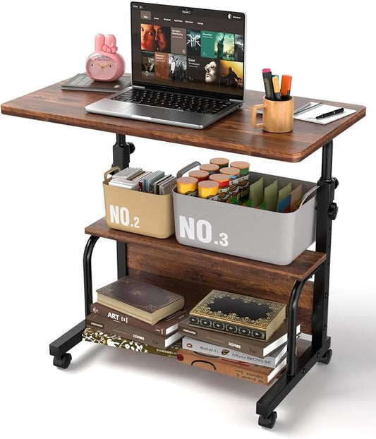 QZMDSM Portable Rolling Desk on Wheels Adjustable Height Desks for Small Spaces, 32" Computer Desk Drafting Tables with Storage Shelves for Home Office Rustic by QZMDSM