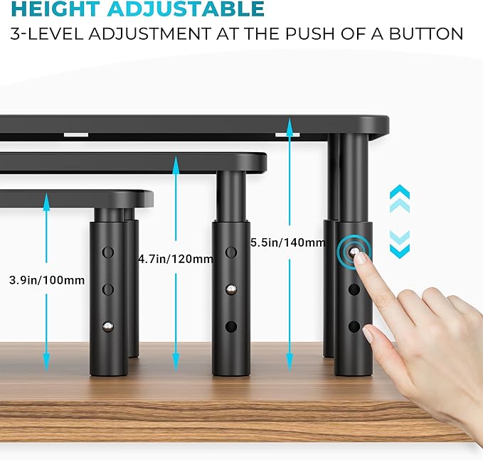 BONTEC 1 Pack 3 Height Adjustable Monitor Stand Riser with Pen Holder, Ergonomic Metal Laptop Stand with Cable Management, Desktop Stand for Computer, Printer (Black, 14.3” x 9.1”) - Image 3