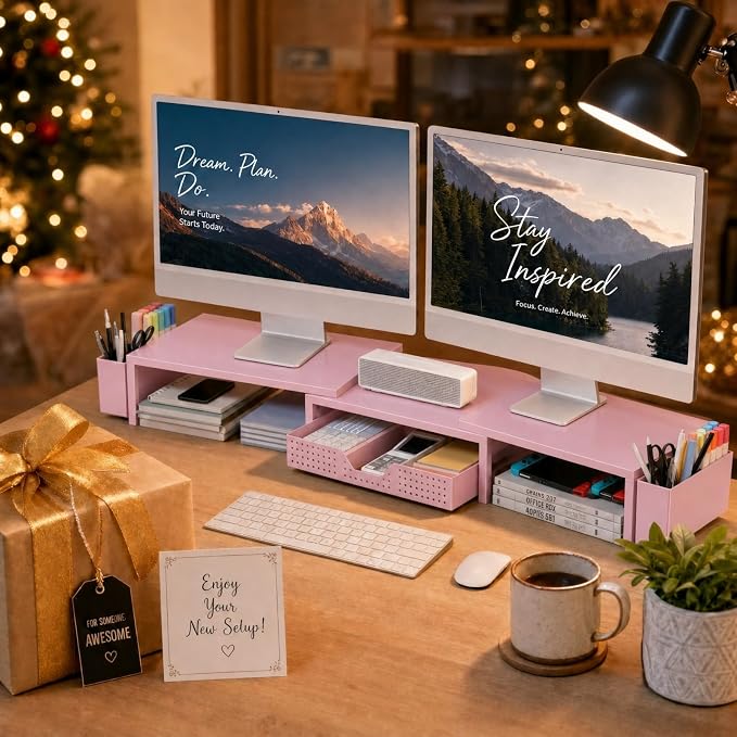OPNICE Desk Organizers and Accessories, Dual Monitor Stand Riser with Drawer and 2 Pen Holders, Desk Shelf Metal Computer Racks for Office Workspace Organizers, Desktop Organization (Pink Metal) - Image 9