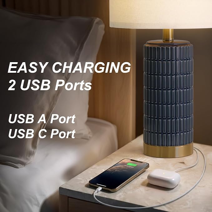 PoKat 21.5'' Bedside Table Lamps Set of 2 with USB A+C Ports for Living Room, Ceramic Modern Lamps for Bedroom, Small Nightstand Lamps for Office Guest Room Hallway Sideboard Gift Decor (Blue) - Image 3