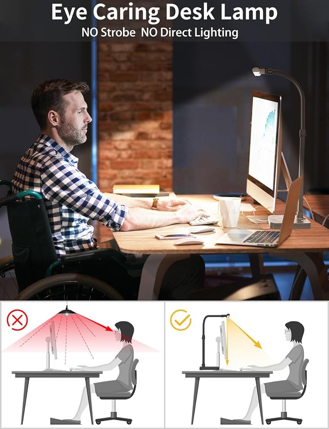 AKRRYR LED Desk Lamp for Home Office, Double Head 24W with Base, Architect Light 5 Lighting Brightness Flexible Gooseneck Table Reading Study, Black - Image 5