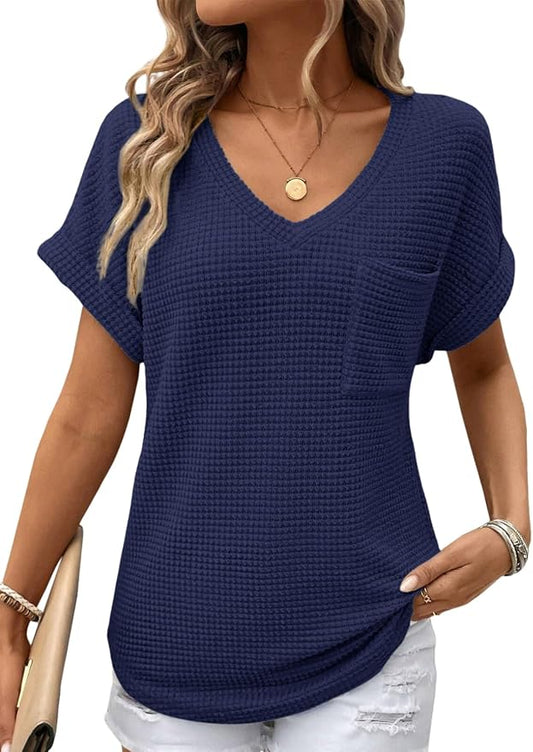 Dokotoo Womens Waffle Knit Tops 2026 Spring Summer V Neck Shirts Casual Trendy Women's Blouses Basic Tee by Dokotoo