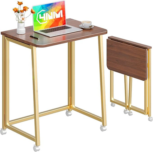 4NM 23.6" Mobile Small Folding Desk, Foldable Rolling Computer Home Office Desk, Study Writing Table for Small Space Saving Bedroom, with Wheels - Brown and Gold by 4NM