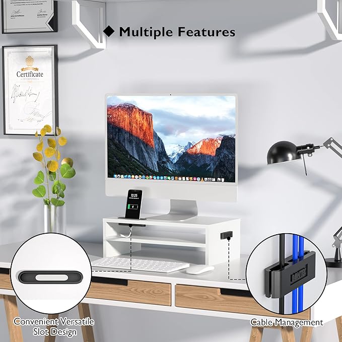 BONTEC Wooden Monitor Stand Riser for Desk, 2-Tier Computer Monitor Stand with Storage, 66 lbs Desk Shelf Organizer, Laptop & Printer Stand with Phone Holder and Cable Management, White, 16.5 Inch - Image 3
