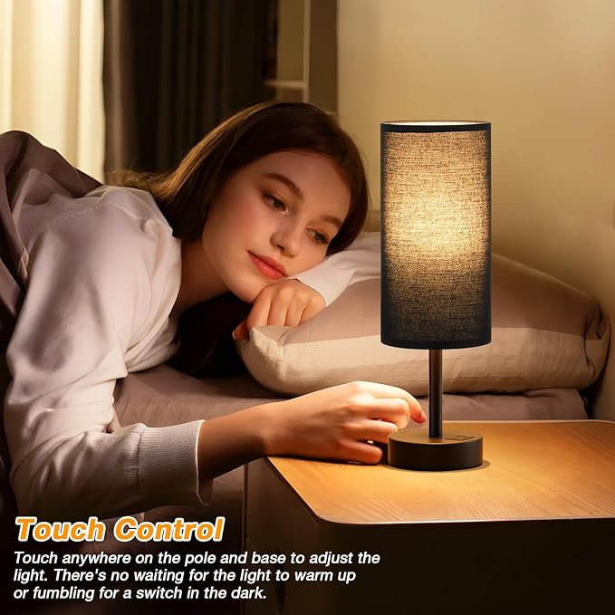 Dicoool Bedside Table Lamp for Bedroom - 3-Way Dimmable Touch Lamp, USB A+C | LED Bulb Included, 14" Small Nightstand Lamp for Desk, Living Room, Guest Room, Black Fabric Lampshade, Black Metal Base - Image 2