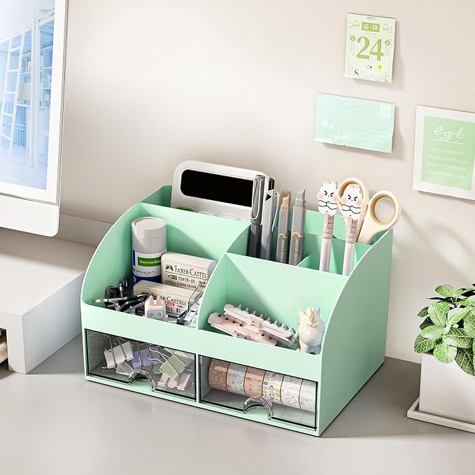 COMFYROOM Desk Organizer with 6 Compartments and 2 Drawers, Plastic Makeup Organizer, Pen Holder for Desktop Storage, Desk Organization for School, Home, Office Supplies (Mint Green) - Image 2