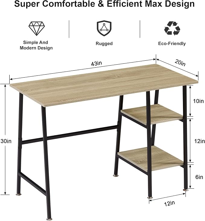 VECELO 43 Inch Computer Home Office Desk, Modern Simple Writing Desk with Storage for Bedroom, Simple Table Modern Student Study Desk,Water Proof, Oak+Black Leg - Image 2