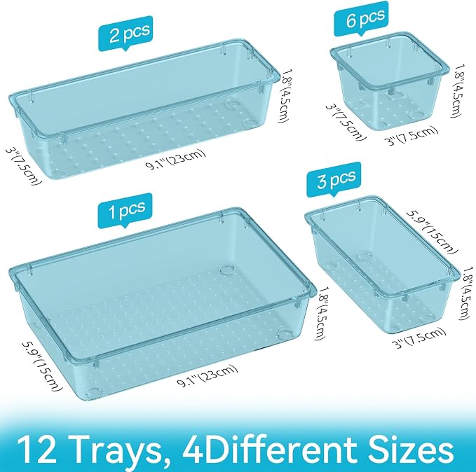 ElegantArray 12 PCS Drawer Organizer Set, Makeup Organizers, Sea Blue | 4 Sizes, Plastic, Stackable, Multiple Gadgets, Desk Drawer Divider Organizers, for Makeup, Office Supplies Storage - Image 2