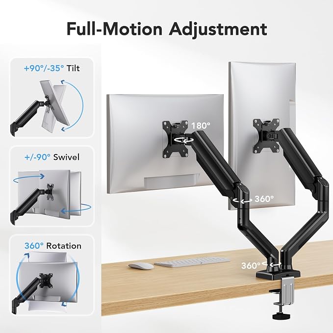 HUANUO Dual Monitor Mount for 2 Monitors up to 32 inches, Each Arm Holds Max 22lbs, Dual Monitor Stand with Advanced System, Height-Adjustable/Tilt/Swivel/Rotate, VESA Standard 75mm or 100mm - Image 3