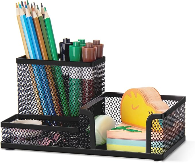 Comix Mesh Pen Holder, Desk Organizer for Home Office, Black | 3 Compartment Pencil Holder, Sticky Notes Holder, Pen Organizer Office Supplies by Comix