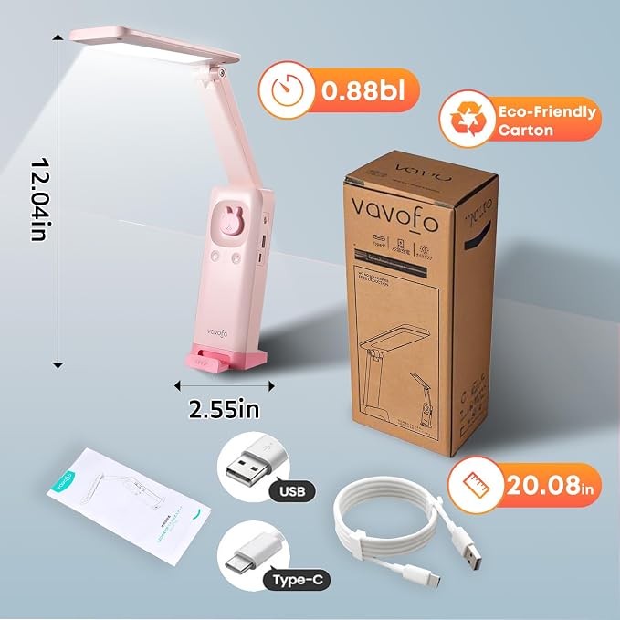 VAVOFO Cute Bunny Desk Lamp, Foldable LED Rechargeable Table Light, Eye-Caring Reading Lamp, 3 Color Modes & Dimmable, for Kids Girls Bedroom Study Dorm Room(Pink) - Image 8