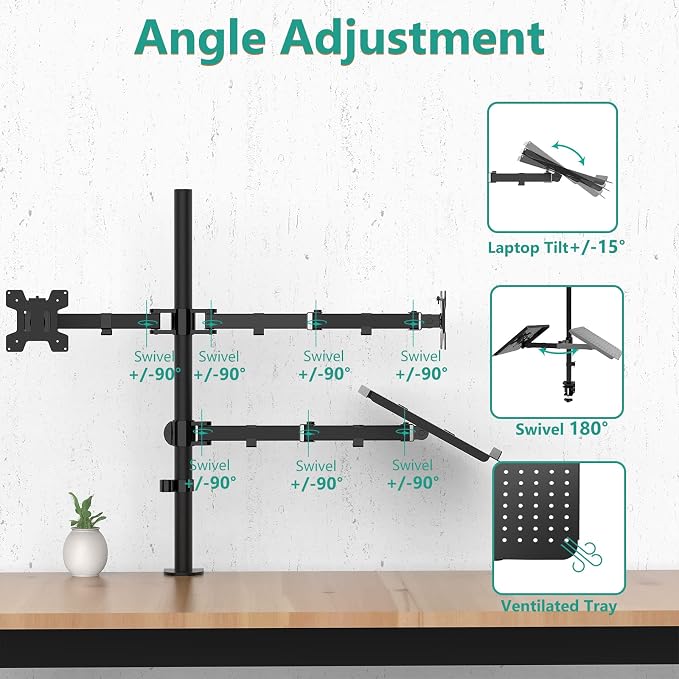 WALI Triple Arm Laptop and Dual Monitor Desk Mount for 17" Notebook and Up to 27" Screens, Extra Tall Adjustable Monitor Stand with Laptop Tray, VESA 75x75 100x100, Black (M002XLLP) - Image 4