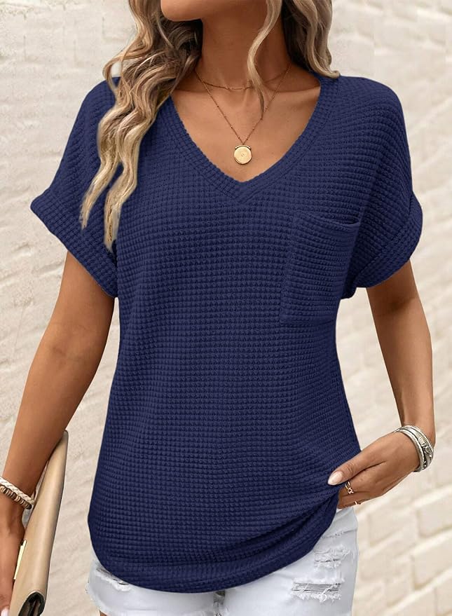 Dokotoo Womens Waffle Knit Tops 2026 Spring Summer V Neck Shirts Casual Trendy Women's Blouses Basic Tee - Image 2