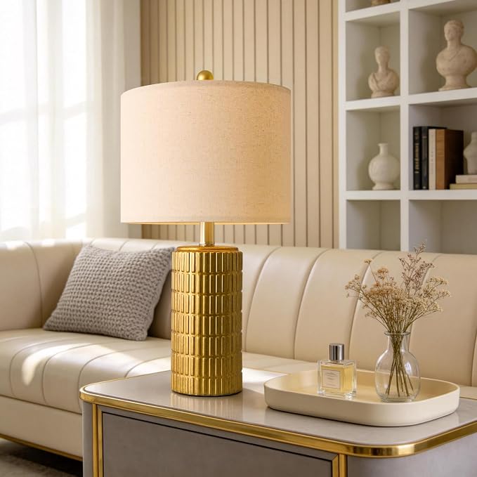 PoKat 20.75" Brass Gold Ceramic Table Lamps Set of 2 for Living Room, Small Retro Bedside Lamps for Bedroom, Nightstand Lamps for Home Decor, Vintage Bronze Decorative Lamp Sideboard Side Table Gifts - Image 2