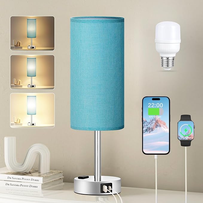 Fenmzee Turquoise Nightstand Table Lamp for Bedroom - 3 Way Dimmable Touch Lamp USB A and C Charging Ports and AC Outlet, Small Lamp for Office Desk with Metal Base, LED Bulb Included by Fenmzeelighting