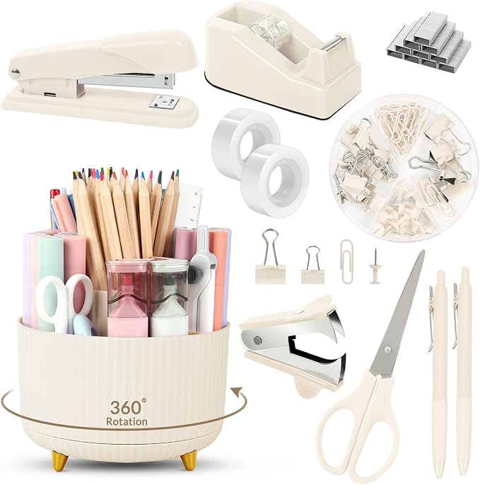 SKYDUE Desk Organizer Set with 360° Rotating Pen Holder | Includes Stapler, Scissors, Tape Dispenser, Clips, Pins & Accessories, For Home Office, School, Teacher by SKYDUE