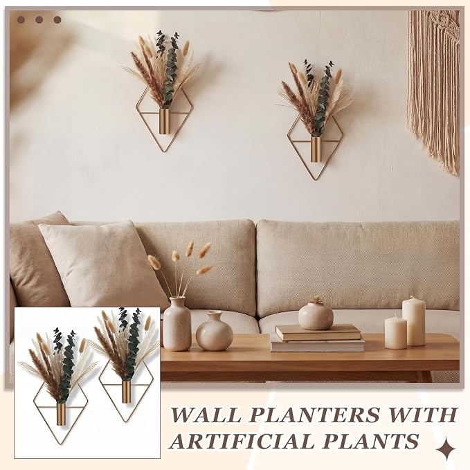 Jexine 8 Pcs Hanging Planters with Artificial Pampas Metal Hanging Vase Indoor Plants Holder Modern Geometric Boho Bathroom Wall Decor for Living Room Home Office(Antique Copper) - Image 6