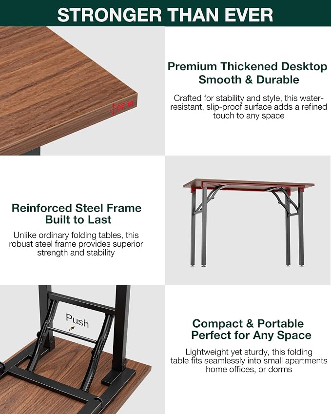 Frylr Small Folding Computer Desk – 55.1 Inch Portable Table for Craft and Study, Lightweight Desk for Small Spaces, Foldable Laptop Table Built-in AC/USB Outlets for Convenience, Dark Walnut - Image 7