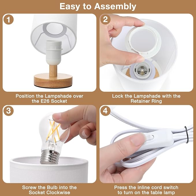 Fenmzee Small Table Lamps (White Shade - Wood Base, 9" Inline Control) | 3000K LED Blub Included | 680 Lumens | Easy Assembly | Minimalist Design | E26 | for Kitchen | for Kids Room - Image 8