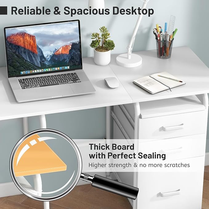 Folding Computer Desk with 6 Wheels, 41.5" Modern Steel Collapsible Home Office Desk with 3 Storage Drawers, Portable Writing Laptop Desk for Bedroom, Study, Small Space, Home Office, White - Image 8