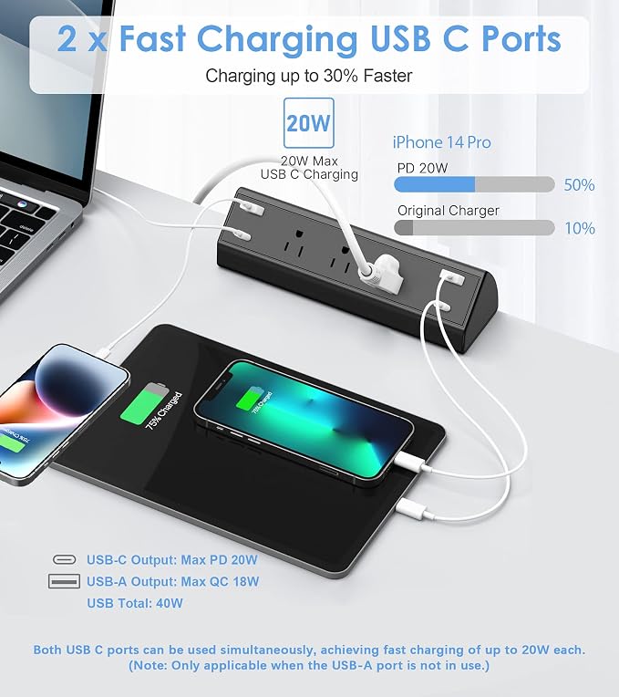 Jgstkcity Desk Clamp Power Strip,40W Total Fast Charging Station,2 PD 20W USB C Ports,Desk Edge Mount Surge Protector for Home, Office,3 Outlets,Fit 1.96" Tabletop Edge,ETL Listed | 2 PD 20W USB C Ports, 3 Outlets, Desk Edge Mount, Fit 1.96" Tabletop E... - Image 3