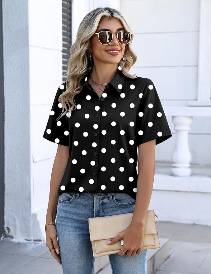 Zeagoo Button Down Shirts for Women Short Sleeve Collared Tops Dressy Casual V Neck Blouses - Image 2