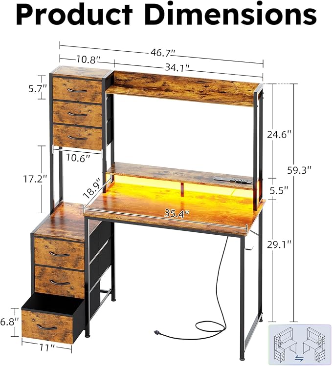 MUTUN 47 Inch Computer Gaming Desk with Hutch Power Outlet and LED Strip, Home Office Work Study Writing Desk with 6 Fabric Drawers and Storage for Bedroom, Escritorios para Computadoras, Rustic Brown - Image 3